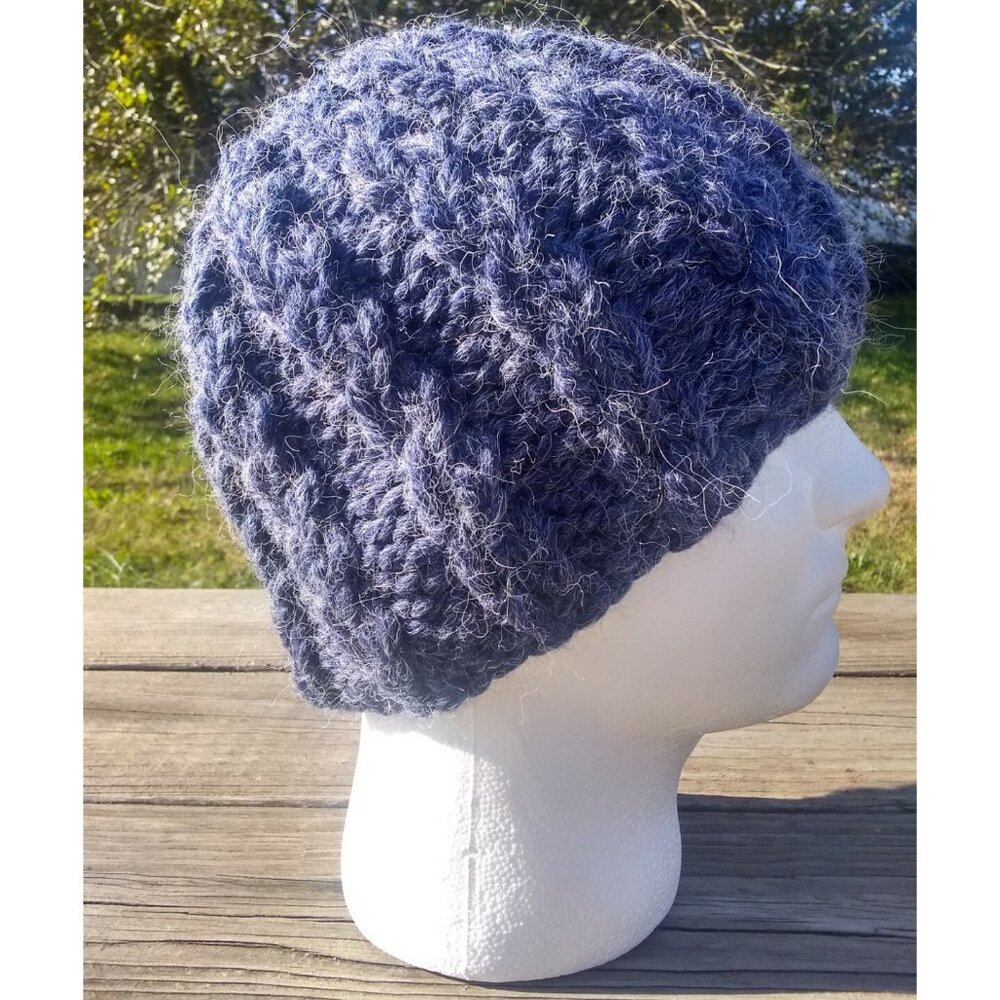 Chunky Skully Beanie Hat Hand Knit Men's Unisex Midnight Blue Alpaca Blend M/L - Picture 4 of 9